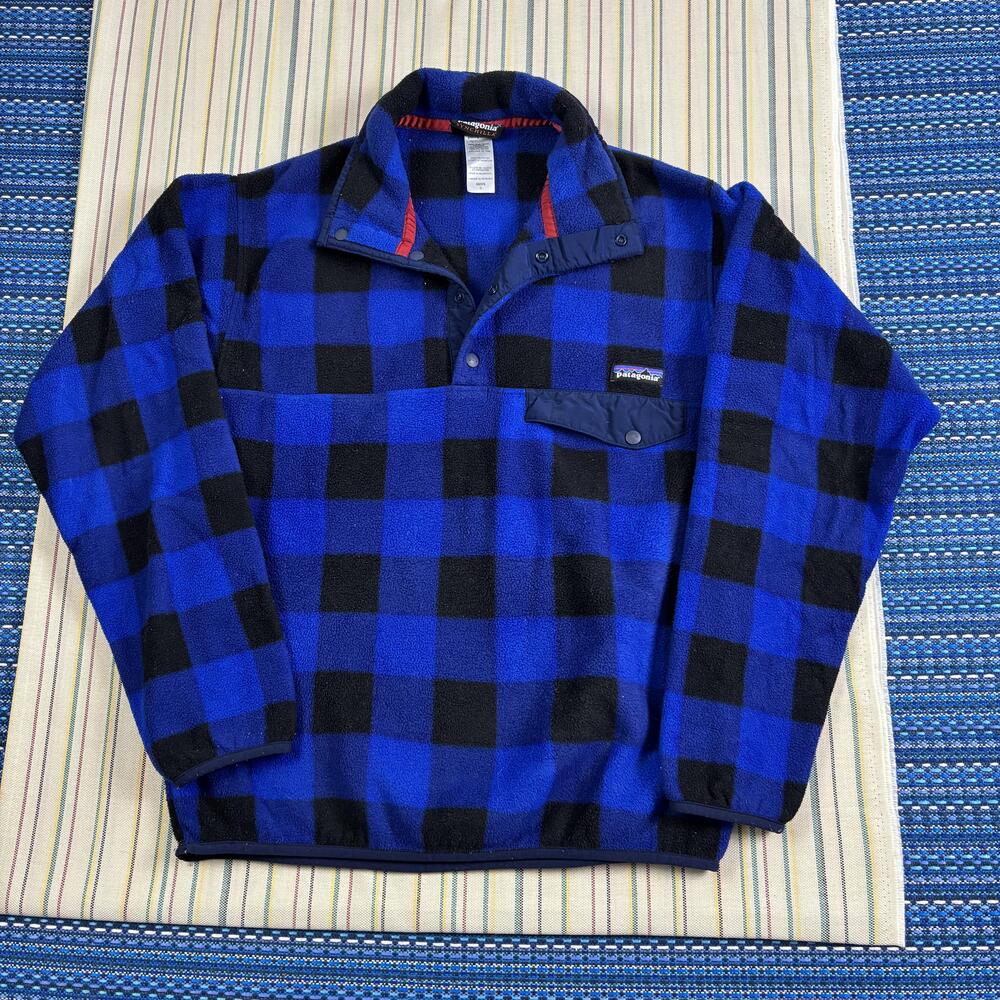 Patagonia Jacket Mens Small Blue Black Plaid Check Synchilla Snap-T Fleece